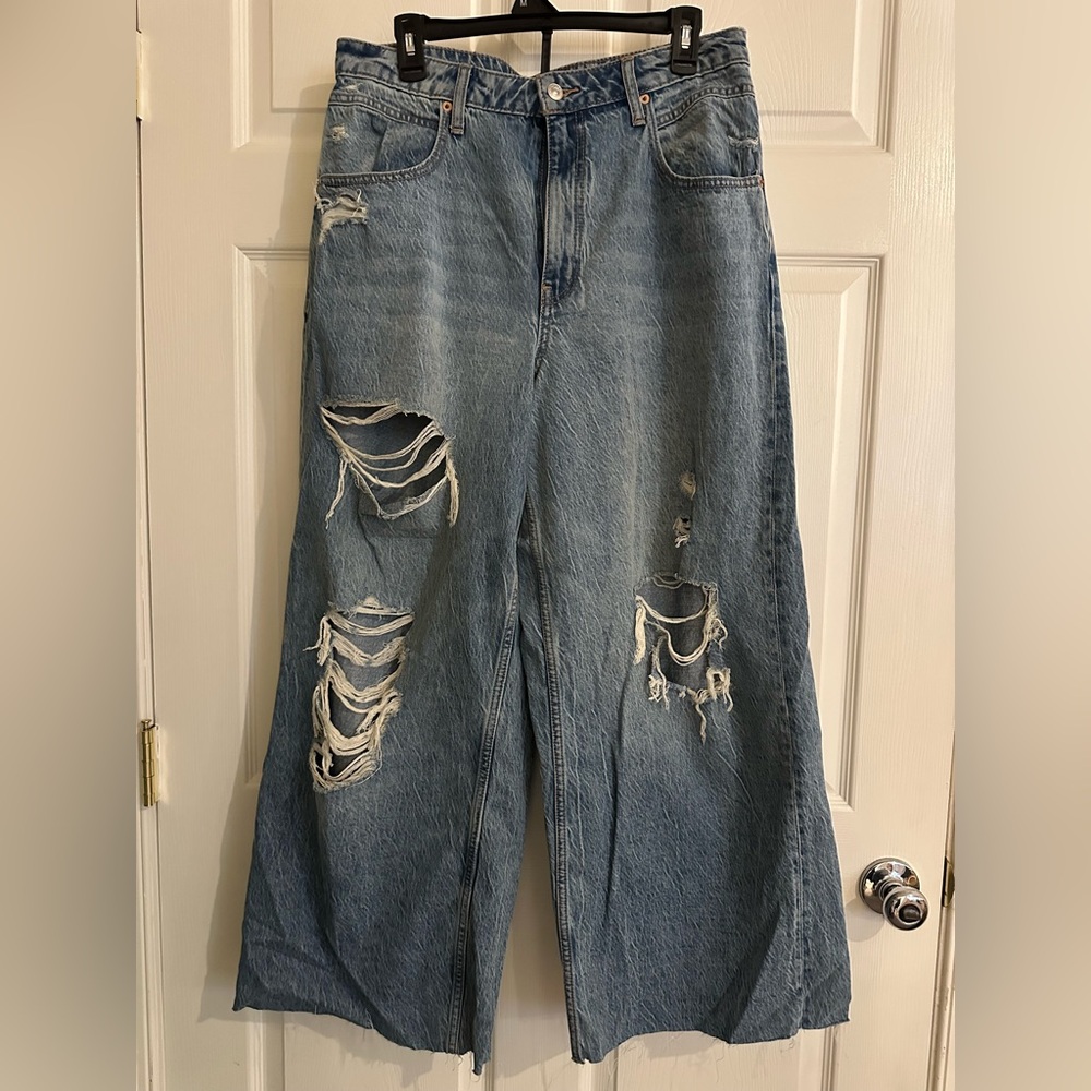 We The Free Blue Flare Curvy Wide Leg Jeans Distressed